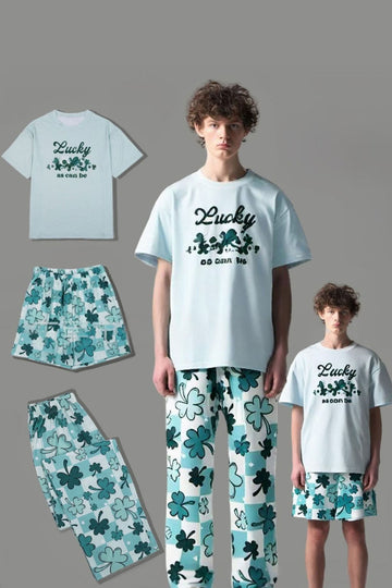 Light Blue Printed Short Sleeve Matching Family Pajamas